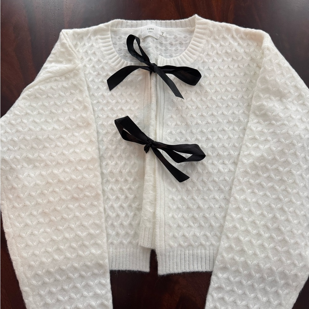 White Textured Sweater with Black Ribbon Accents
